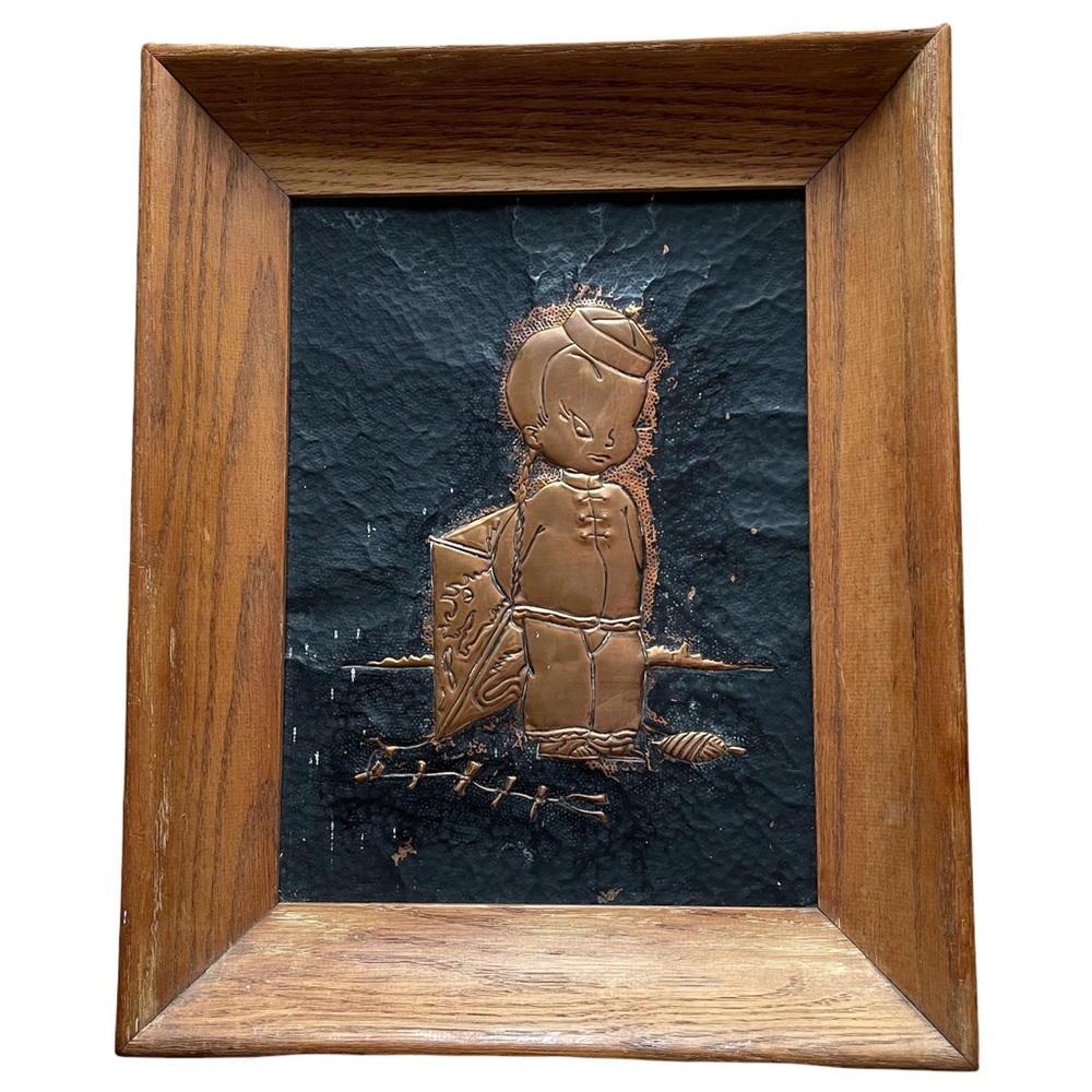 Vintage Antique 3D Wood And Copper Cute Asian Child Framed Picture Wall Art